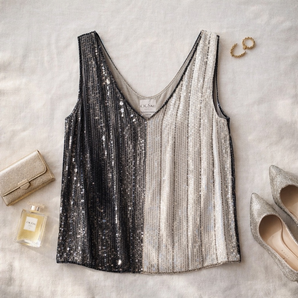 Oleg Cassini Y2K Silk Sequin Tank Top Silver Black  Disco Party Clubwear M